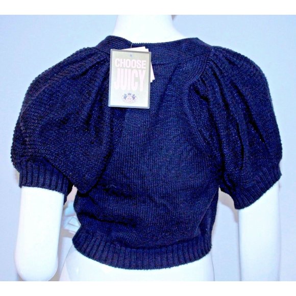 JUICY COUTURE Cropped SHORT Black KNIT Cotton SWEATER Cardigan PUFF Sleeves XS - Picture 2 of 2